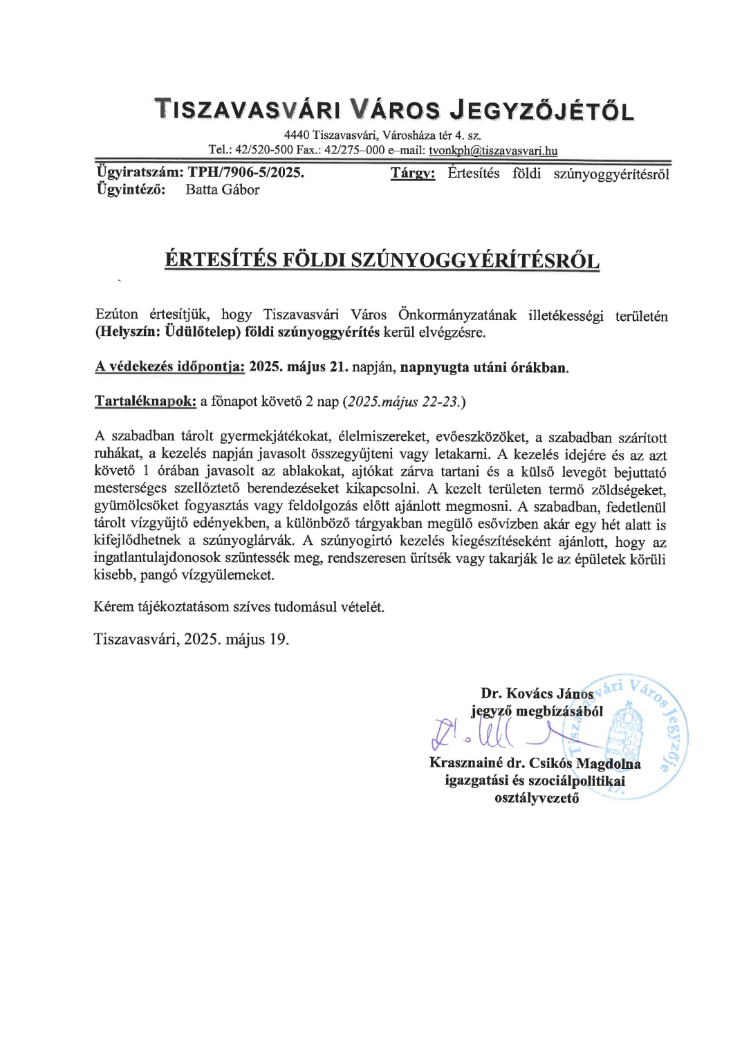 Értesítés földi szúnyoggyérítésről