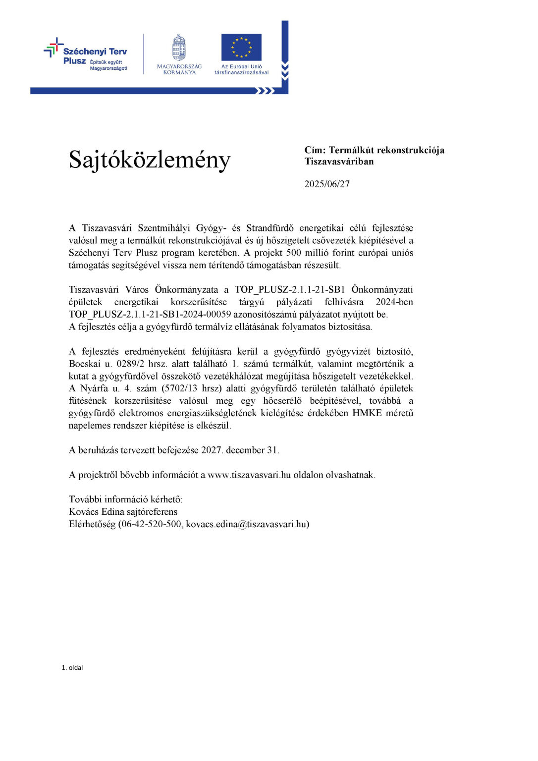 Sajtóközlemény_Termálkút nyitó