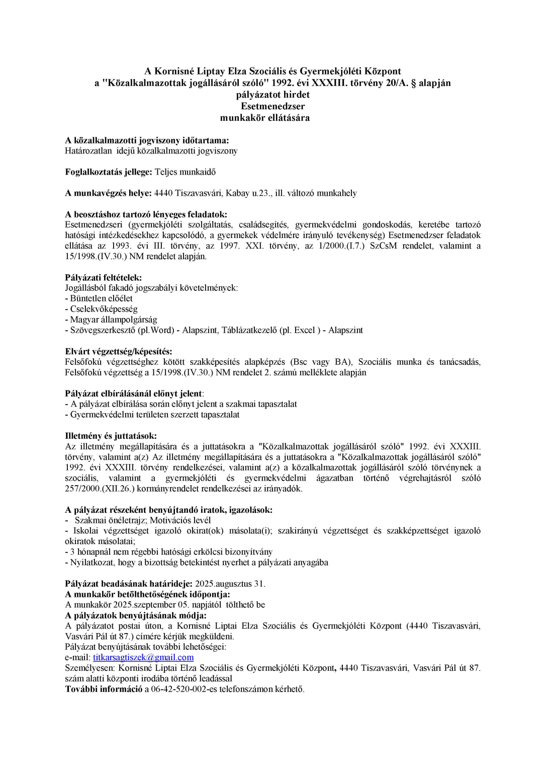 Pályázati kiírás esetmenedzser-2025. augusztus