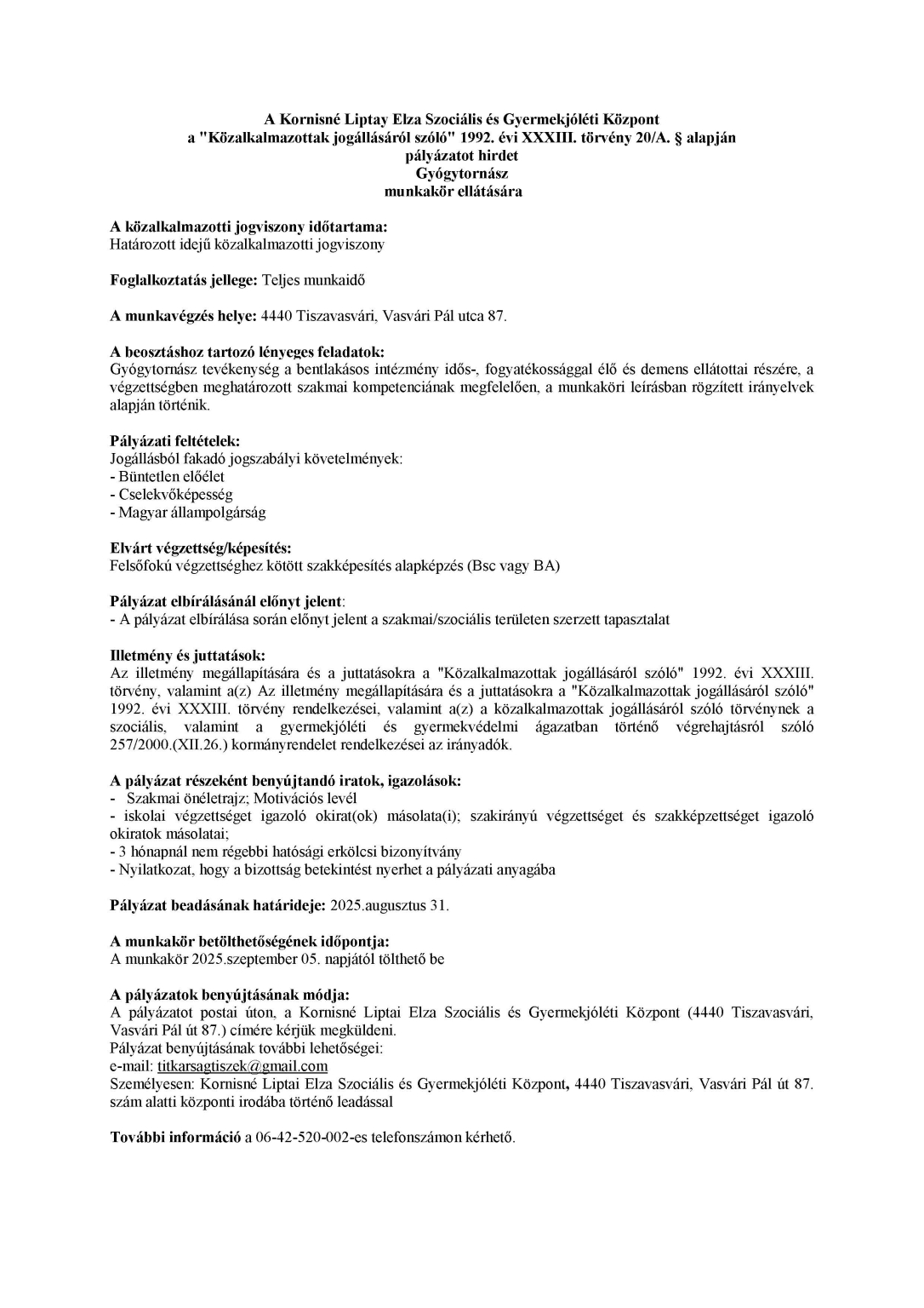 Pályázati kiírás gyógytornász-2025. augusztus