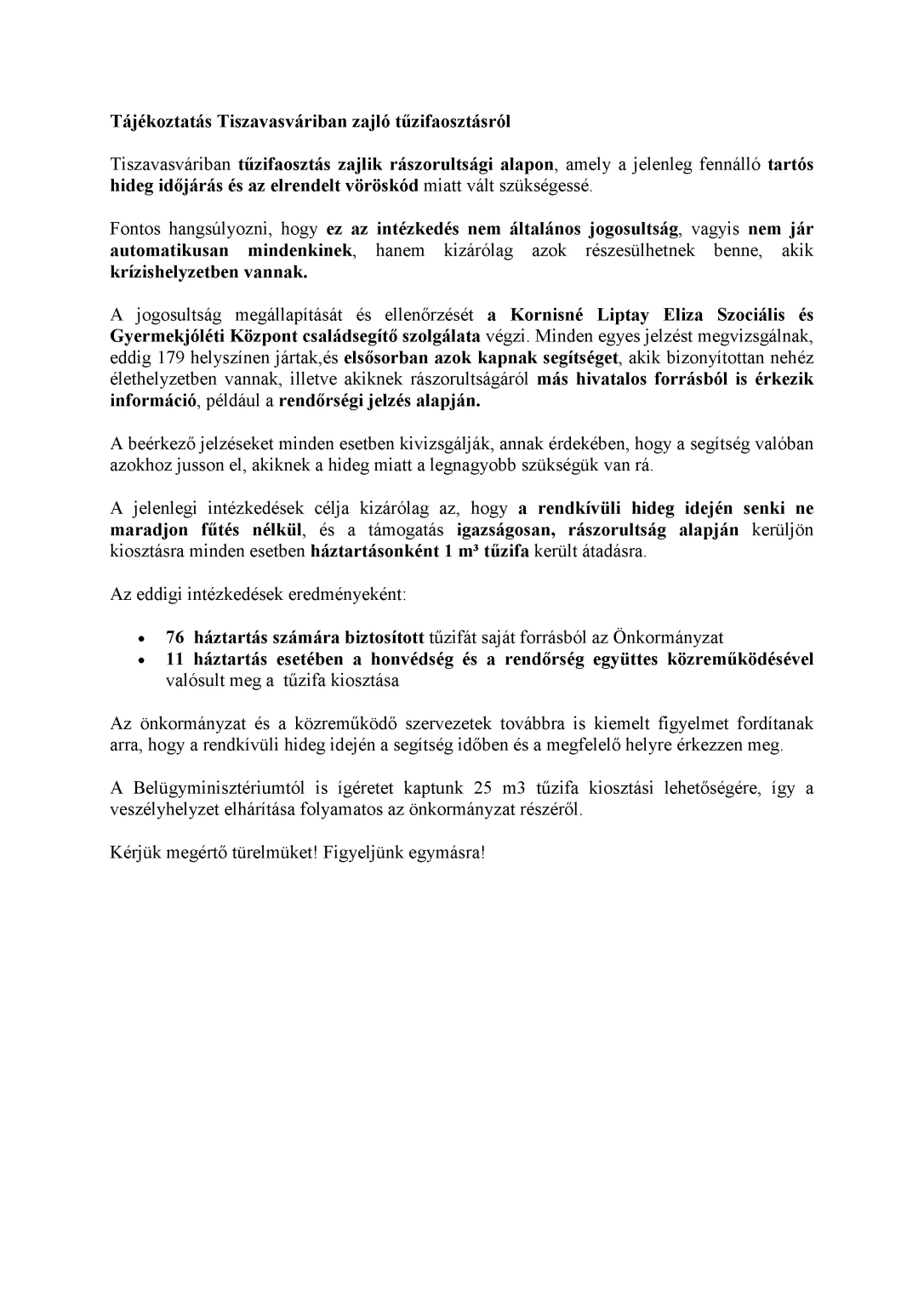 Tájékoztatás a tűzifaosztásról