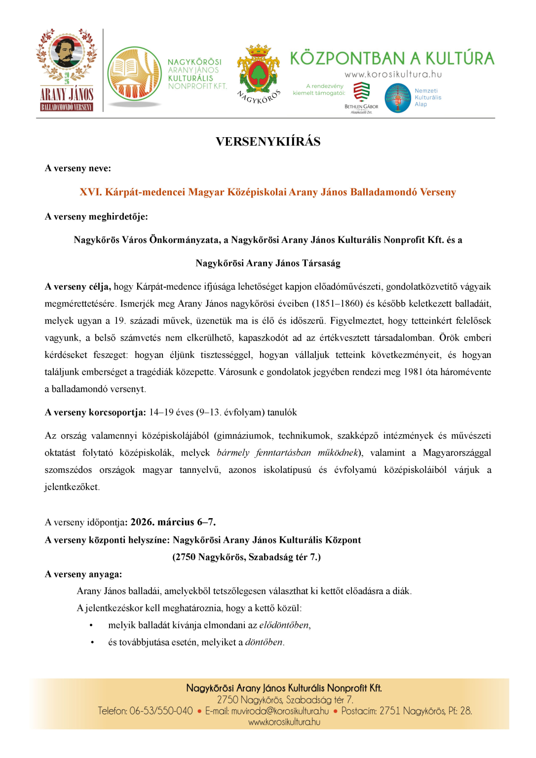 Versenykiírás - XVI. Kárpát-medencei Magyar Középiskolai Arany János Balladamondó Verseny_Oldal_1