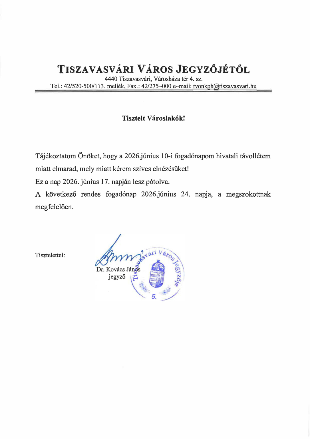 Jegyzői fogadónap 2026. júniusi áthelyezése