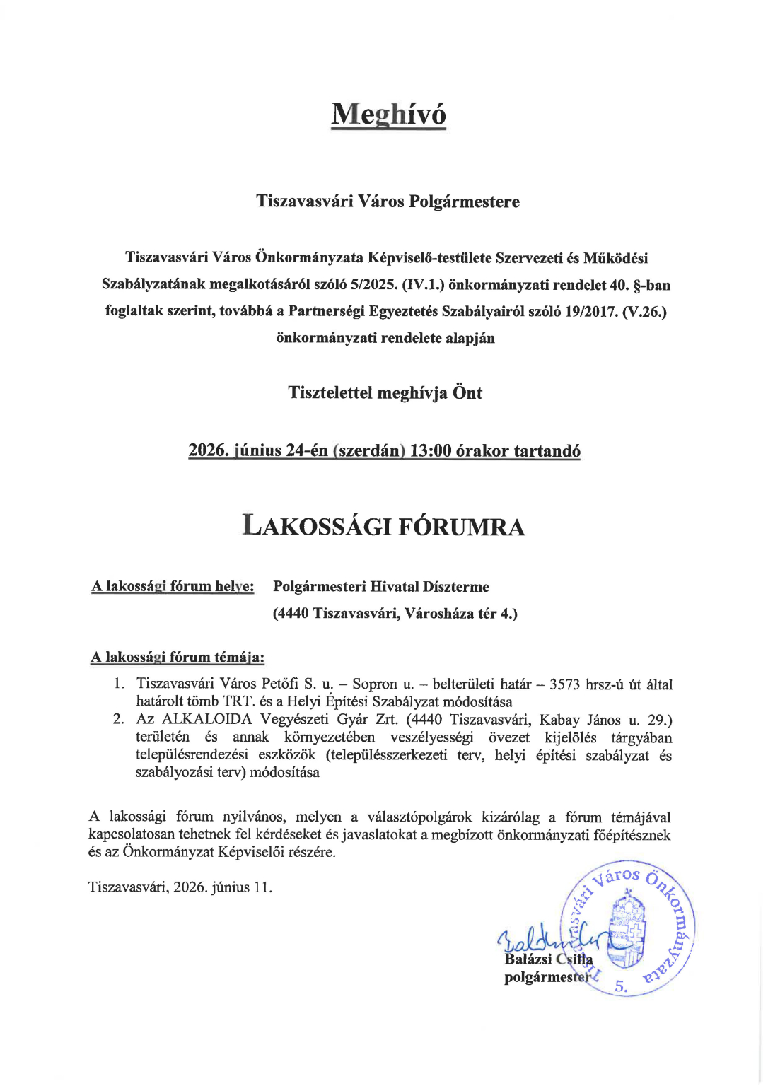 Meghívó lakossági fórumra