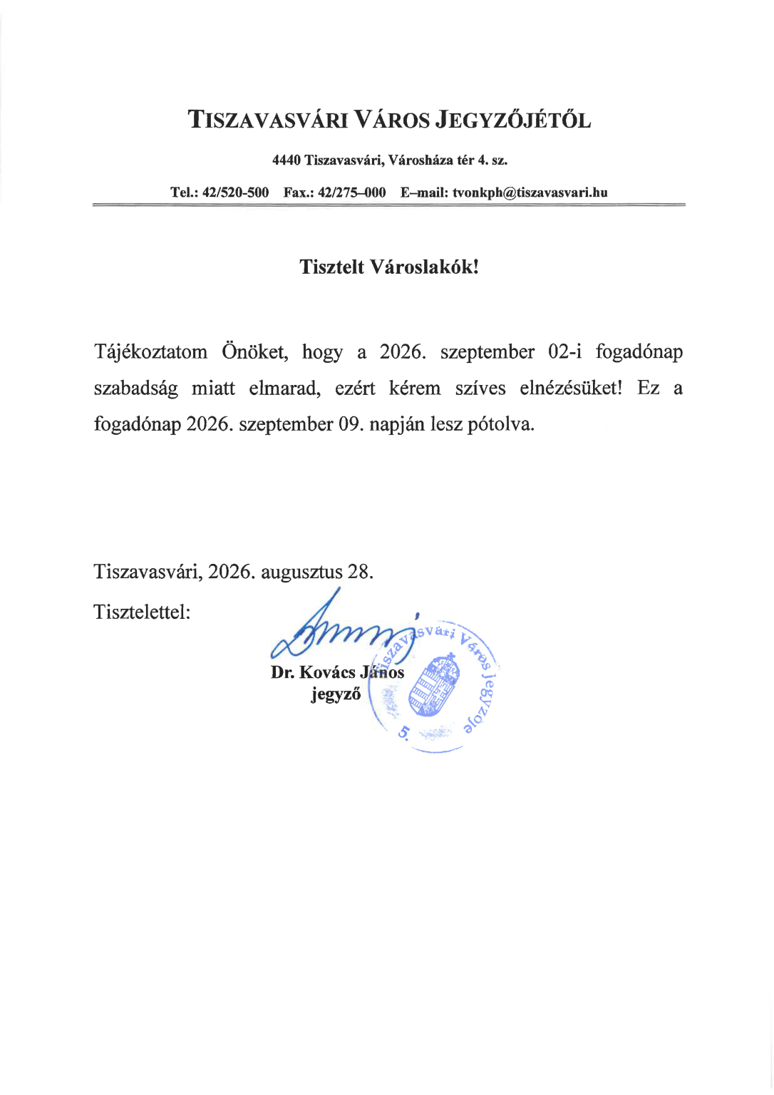 Jegyzői fogadónap elmarad