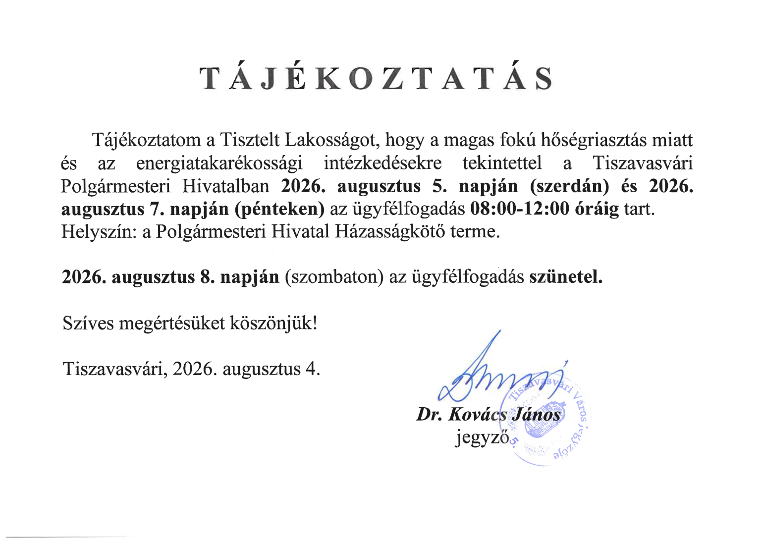 Lakossági tájékoztató