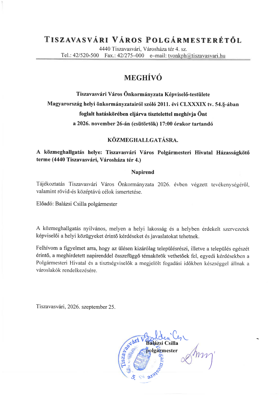 K-T közmeghallgatás meghívó aláírt bélyegzett