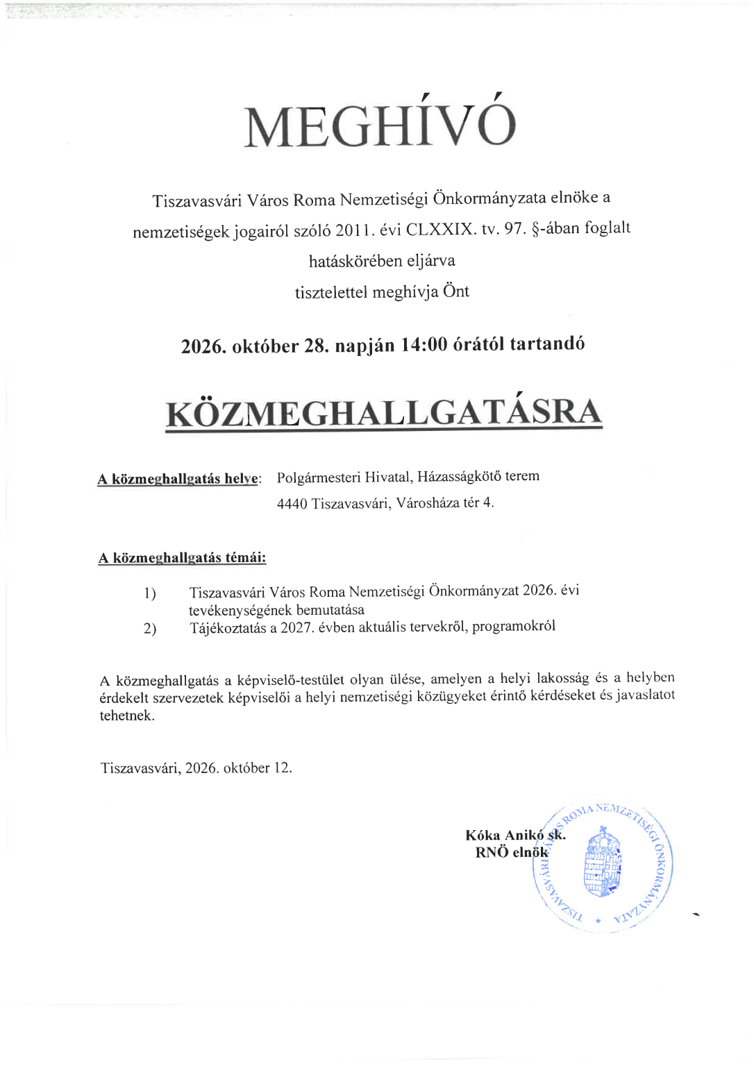 Roma N.Ö. Közmeghallgatás bélyegzett